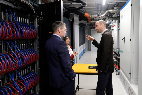 The Prince of Wales meets Professor Simon McIntosh-Smith and Dr Sadaf Alam at the University of Bristol’s Isambard-AI supercomputer at NCC.